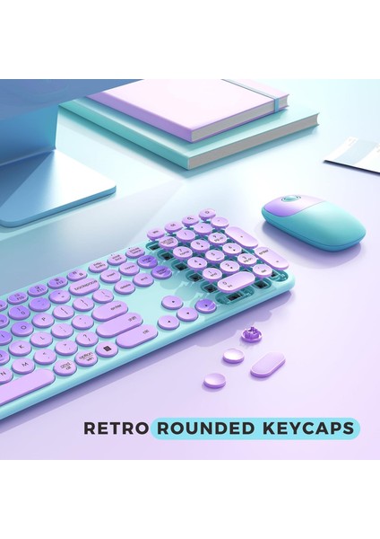 Kablosuz Klavye ve Mouse, USB ve Type-C - Mor/yeşil