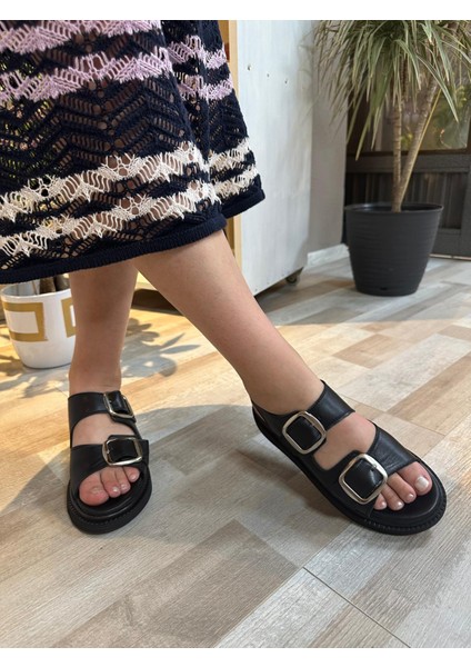 Lori Siyah Renk Deri Iki Tokalı Kadın Sandalet modelleri