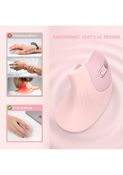 Ergonomik Kablosuz Dikey Mouse, Bluetooth 4.0+Usb - Açık Pembe