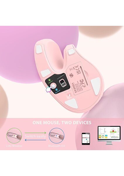 Ergonomik Kablosuz Dikey Mouse, Bluetooth 4.0+Usb - Açık Pembe