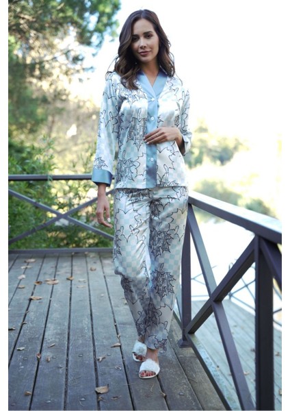 A+ Kalite Dama Yaprak Desenli Saten Uzun Kol Düğmeli Çeyiz Gecelik Sabahlık Takım - 2021 fırsatları