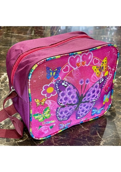 Çocuk Okul Pembe Kelebek Çiçekli Simli Desenli Kız Beslenme Çantası 20X25X10CM