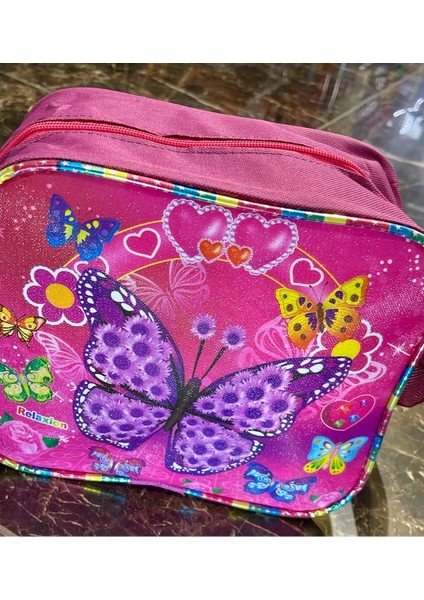 Çocuk Okul Pembe Kelebek Çiçekli Simli Desenli Kız Beslenme Çantası 20X25X10CM