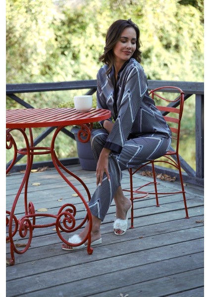 A+ Kalite Gri Çizgili Saten Uzun Kol Düğmeli Çeyiz Gecelik Sabahlık Takım - 2020 fiyatları