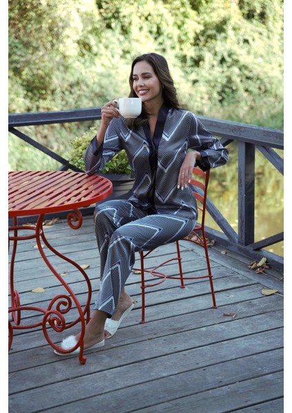 A+ Kalite Gri Çizgili Saten Uzun Kol Düğmeli Çeyiz Gecelik Sabahlık Takım - 2020 modelleri