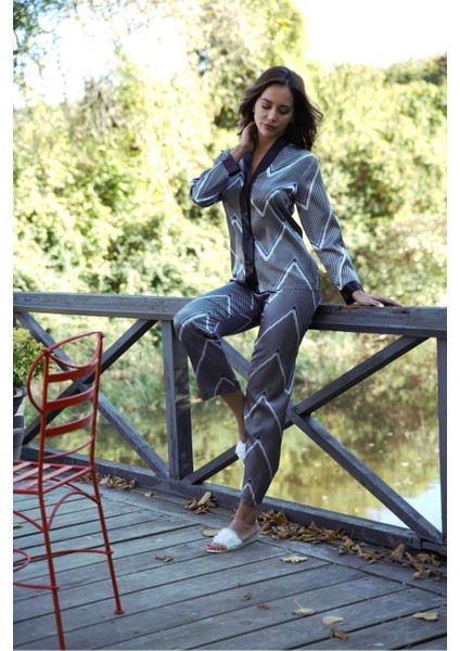 A+ Kalite Gri Çizgili Saten Uzun Kol Düğmeli Çeyiz Gecelik Sabahlık Takım - 2020 fırsatları