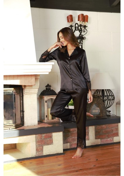 A+ Kalite Siyah Dantel Detaylı Saten Uzun Kol Düğmeli Çeyiz Gecelik Sabahlık Takım - 2008