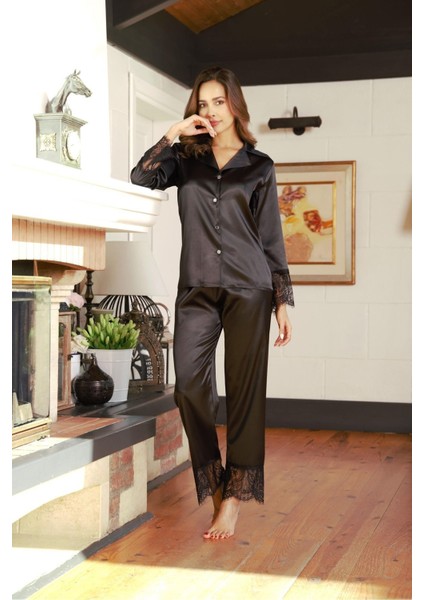 A+ Kalite Siyah Dantel Detaylı Saten Uzun Kol Düğmeli Çeyiz Gecelik Sabahlık Takım - 2008 fiyatları