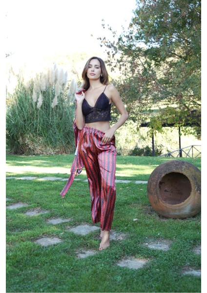 A+ Kalite 4 Parça Kiremit Çizgili Saten Uzun Kol Kemer Bustiyerli Bağlamalı Çeyiz Gecelik Sabahlık - 2017 modelleri