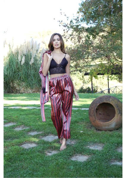 A+ Kalite 4 Parça Kiremit Çizgili Saten Uzun Kol Kemer Bustiyerli Bağlamalı Çeyiz Gecelik Sabahlık - 2017 fırsatları