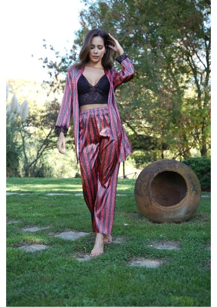 A+ Kalite 4 Parça Kiremit Çizgili Saten Uzun Kol Kemer Bustiyerli Bağlamalı Çeyiz Gecelik Sabahlık - 2017 indirimleri