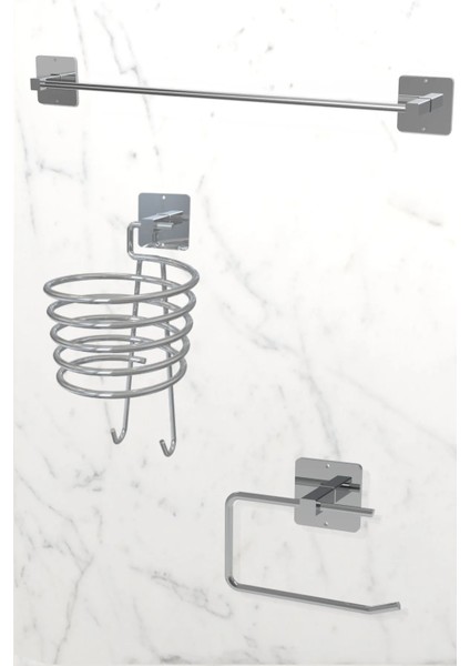 Yapışkanlı Gümüş Uzun Havluluk Wc Kağıtlık Ve Fön Askısı Banyo 3'Lü Set