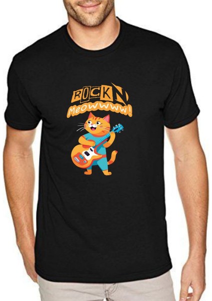 Gitar T-Shirtü - Gitar Çalan Kedi T-Shirtü - Rock'n Meow Yazılı T-Shirt - Gitar ve Kedi Severler Için T-Shirt