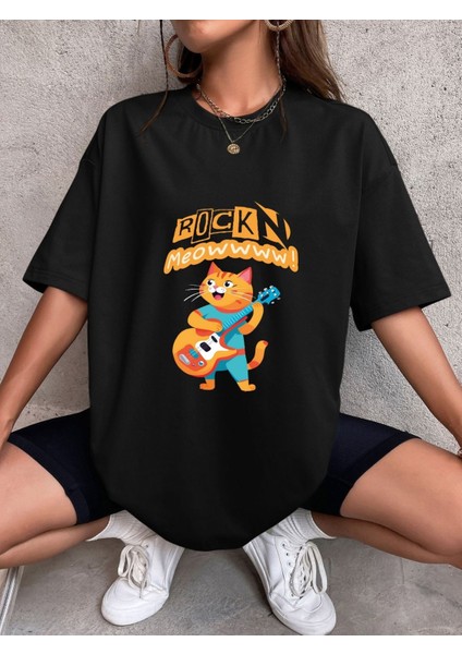 Gitar T-Shirtü - Gitar Çalan Kedi T-Shirtü - Rock'n Meow Yazılı T-Shirt - Gitar ve Kedi Severler Için T-Shirt