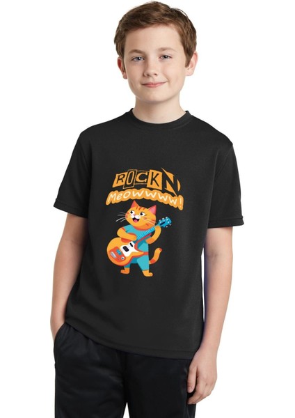 Gitar T-Shirtü - Gitar Çalan Kedi T-Shirtü - Rock'n Meow Yazılı T-Shirt - Gitar ve Kedi Severler Için T-Shirt