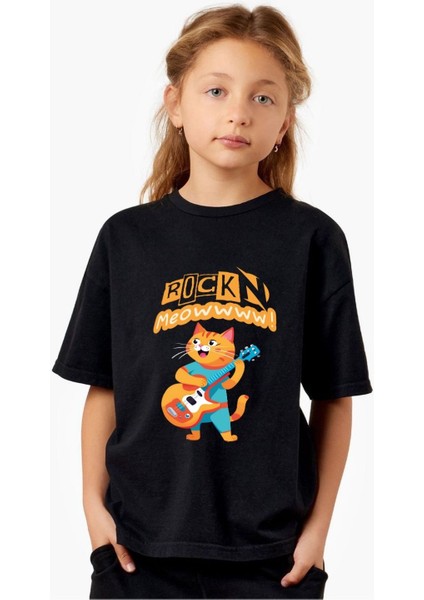 Gitar T-Shirtü - Gitar Çalan Kedi T-Shirtü - Rock'n Meow Yazılı T-Shirt - Gitar ve Kedi Severler Için T-Shirt