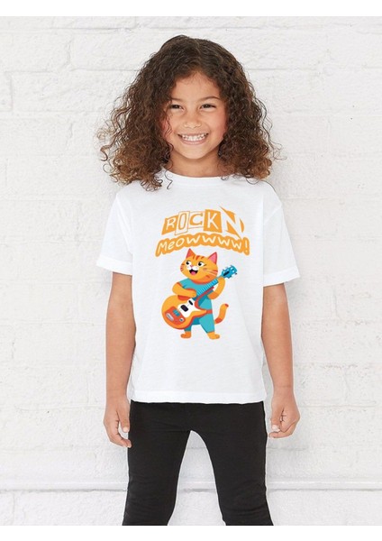 Gitar T-Shirtü - Gitar Çalan Kedi T-Shirtü - Rock'n Meow Yazılı T-Shirt - Gitar ve Kedi Severler Için T-Shirt