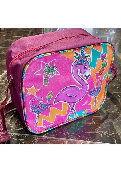 Çocuk Okul Pembe Flamingo Simli Desenli Kız Beslenme Çantası 20X25X10CM