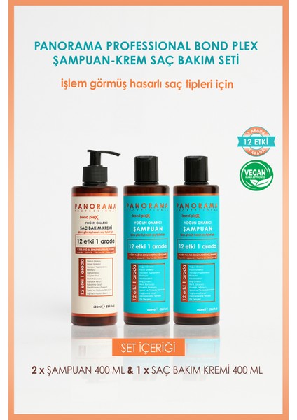 Panorama Professional Bond Plex Yoğun Onarıcı Bakım Seti 12 Etki 1 Arada/400 ml X2 Şampuan + 400 ml Saç Bakım Kremi