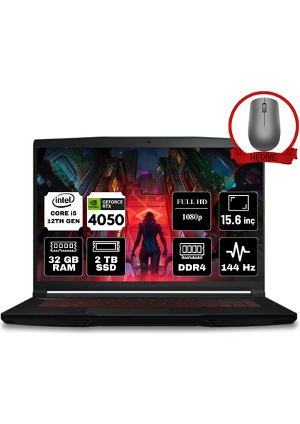 Msı Thın GF63 Intel Core I5 12450H 32GB 2tb SSD RTX4050/6GB Fdos 15.6" Fhd 144Hz 12VE-082XTR-A8 Taşınabilir Bilgisayar & Anzar Mouse