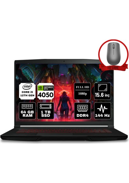 Msı Thın GF63 Intel Core I5 12450H 64GB 1tb SSD RTX4050/6GB W11H 15.6" Fhd 144Hz 12VE-082XTR-A27 Taşınabilir Bilgisayar & Anzar Mouse