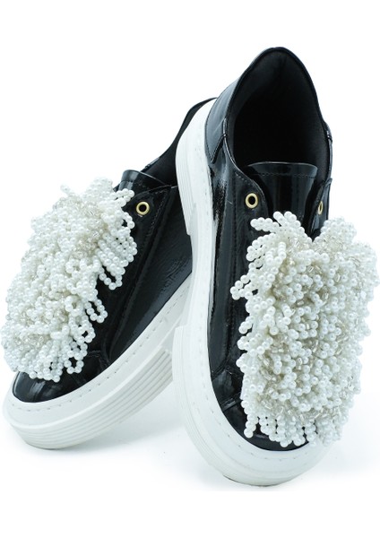 Rugan Siyah Cam Inci Detaylı Casual Sneakers