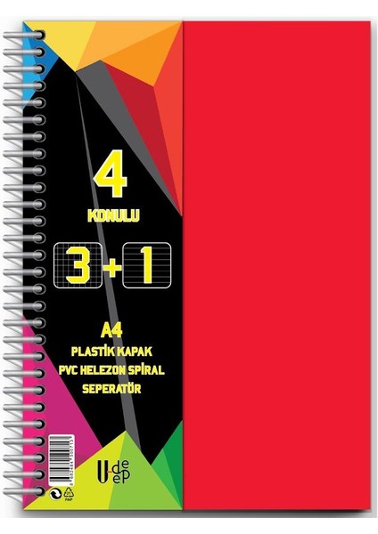 3 + 1 Ayraçlı Defter 4 Konulu 100 Yaprak 1 Adet 3 Kareli 1 Çizgili Spralli Plastik Kapak Seperatörlü