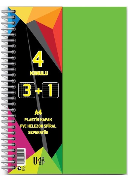 3 + 1 Ayraçlı Defter 4 Konulu 100 Yaprak 1 Adet 3 Kareli 1 Çizgili Spralli Plastik Kapak Seperatörlü