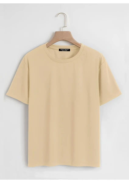 Unisex Oversize Bisiklet Yaka Düz Basic T-Shirt - Bej