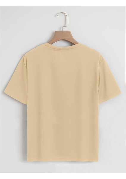 Unisex Oversize Bisiklet Yaka Düz Basic T-Shirt - Bej