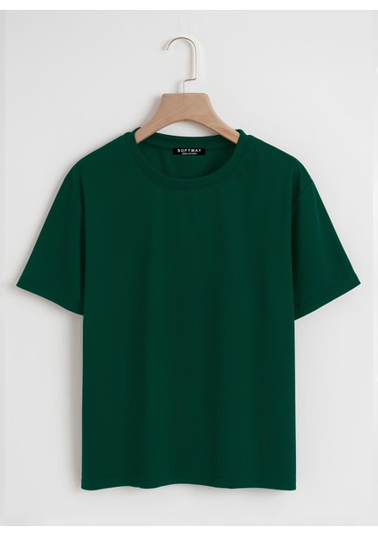 Unisex Oversize Bisiklet Yaka Düz Basic T-Shirt - Koyu Yeşil