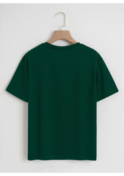 Unisex Oversize Bisiklet Yaka Düz Basic T-Shirt - Koyu Yeşil