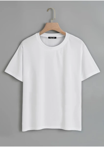 Unisex Oversize Bisiklet Yaka Düz Basic T-Shirt - Beyaz