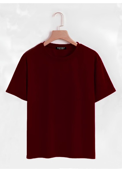 Unisex Oversize Bisiklet Yaka Düz Basic T-Shirt - Bordo