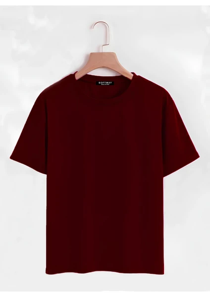 Unisex Oversize Bisiklet Yaka Düz Basic T-Shirt - Bordo