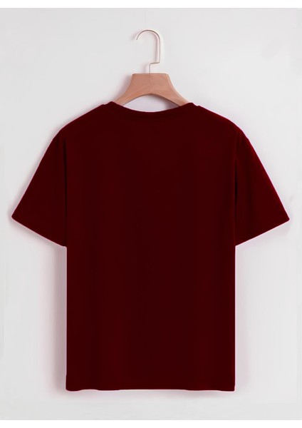 Unisex Oversize Bisiklet Yaka Düz Basic T-Shirt - Bordo