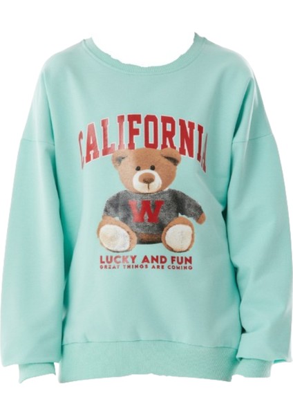 Kız Çocuk California Yazı Ayıcık Desenli Su Yeşili Sweatshirt