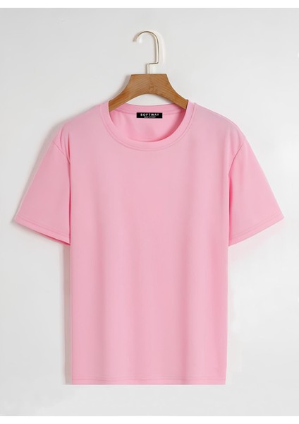 Unisex Oversize Bisiklet Yaka Düz Basic T-Shirt - Pembe