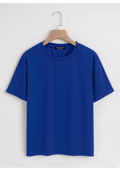 Unisex Oversize Bisiklet Yaka Düz Basic T-Shirt - Saks Mavisi