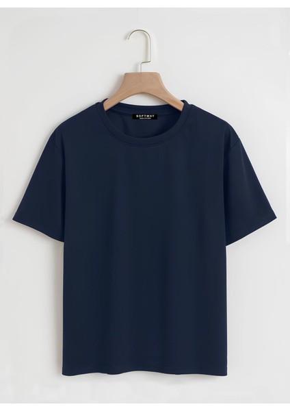 Unisex Oversize Bisiklet Yaka Düz Basic T-Shirt - Lacivert