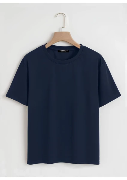 Unisex Oversize Bisiklet Yaka Düz Basic T-Shirt - Lacivert