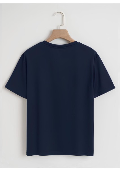 Unisex Oversize Bisiklet Yaka Düz Basic T-Shirt - Lacivert