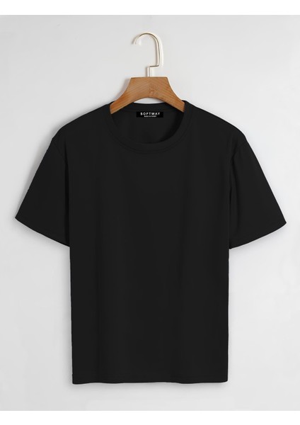 Unisex Oversize Bisiklet Yaka Düz Basic T-Shirt - Siyah