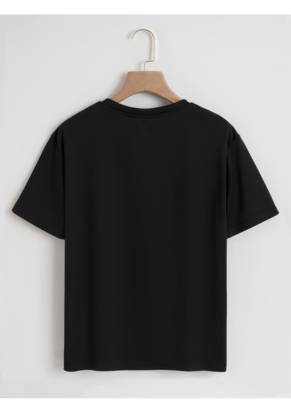 Unisex Oversize Bisiklet Yaka Düz Basic T-Shirt - Siyah