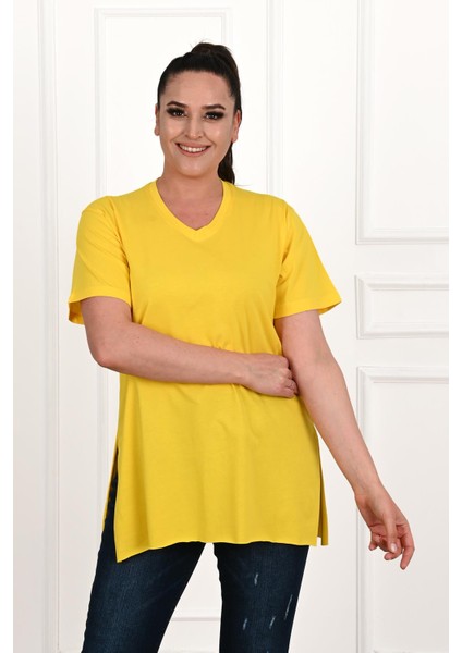 Kadın V Yaka Yırtmaçlı Büyük T-Shirt 1199-22