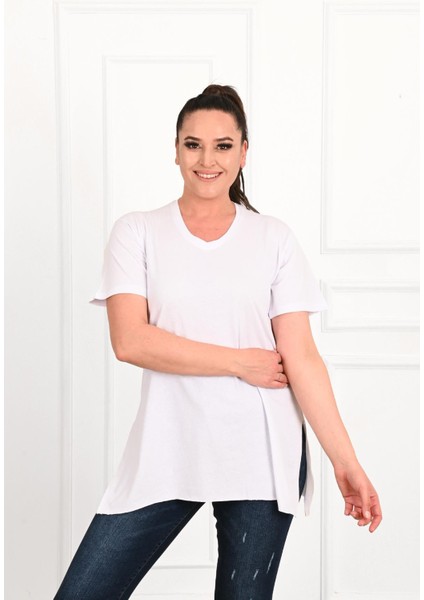 Moda Xlarge Kadın V Yaka Yırtmaçlı Büyük T-Shirt 1199-22