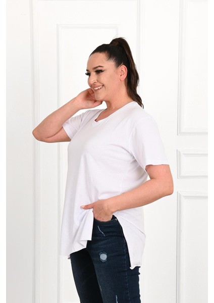 Moda Xlarge Kadın V Yaka Yırtmaçlı Büyük T-Shirt 1199-22