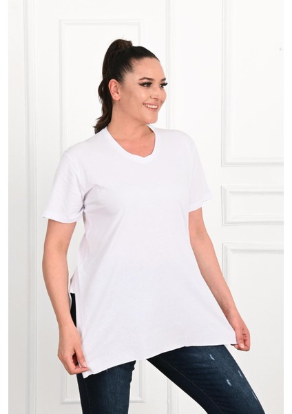 Moda Xlarge Kadın V Yaka Yırtmaçlı Büyük T-Shirt 1199-22