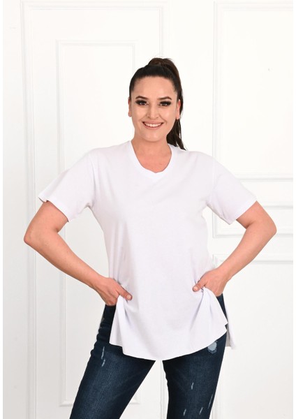 Moda Xlarge Kadın V Yaka Yırtmaçlı Büyük T-Shirt 1199-22