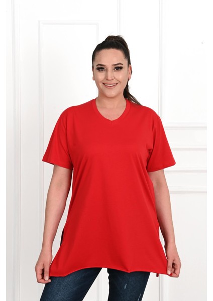 Moda Xlarge Kadın V Yaka Yırtmaçlı Büyük T-Shirt 1199-22